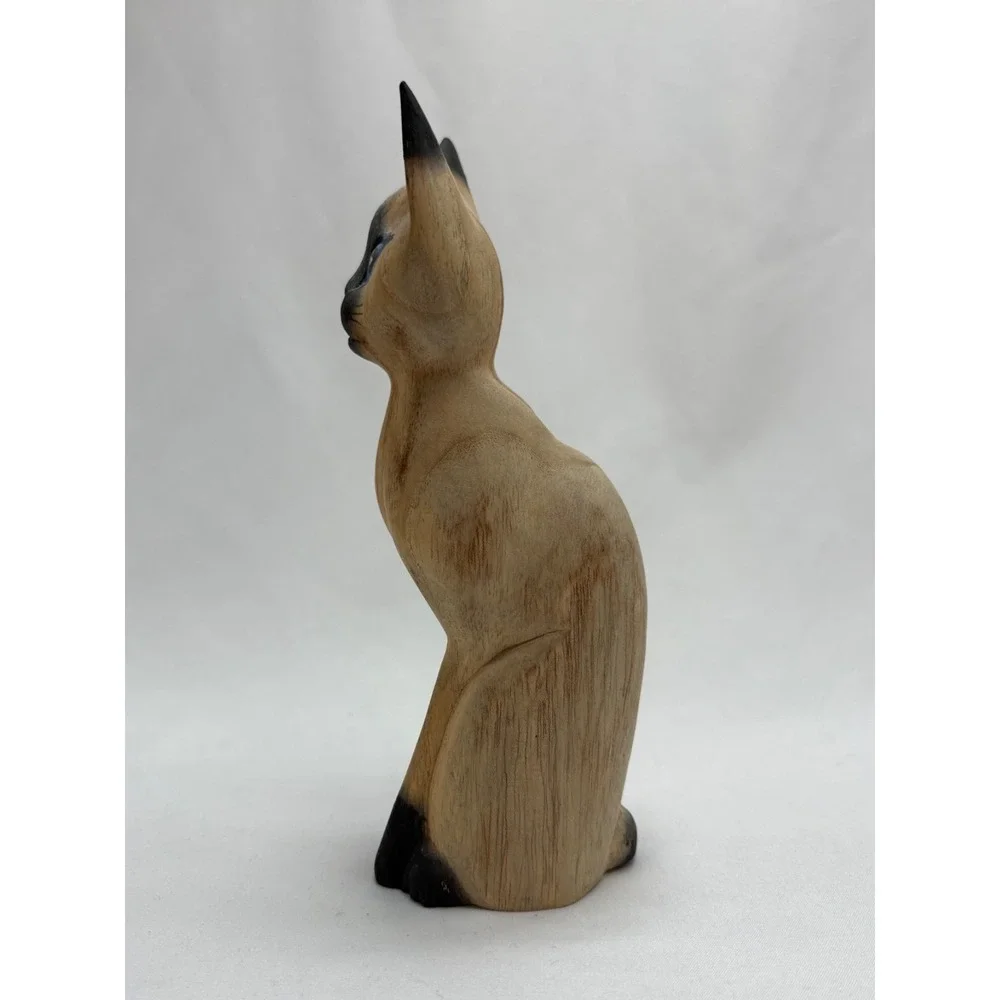 7'' Wood Siamese Cat Hand Carved Painted Figurine Made in Indonesia Blue Eyes